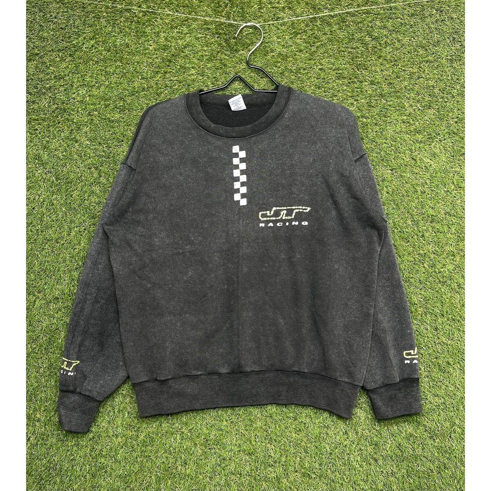 JT Racing Sweatshirt Mens Large Grey Crewneck Pullover 90s Checkered Vintage